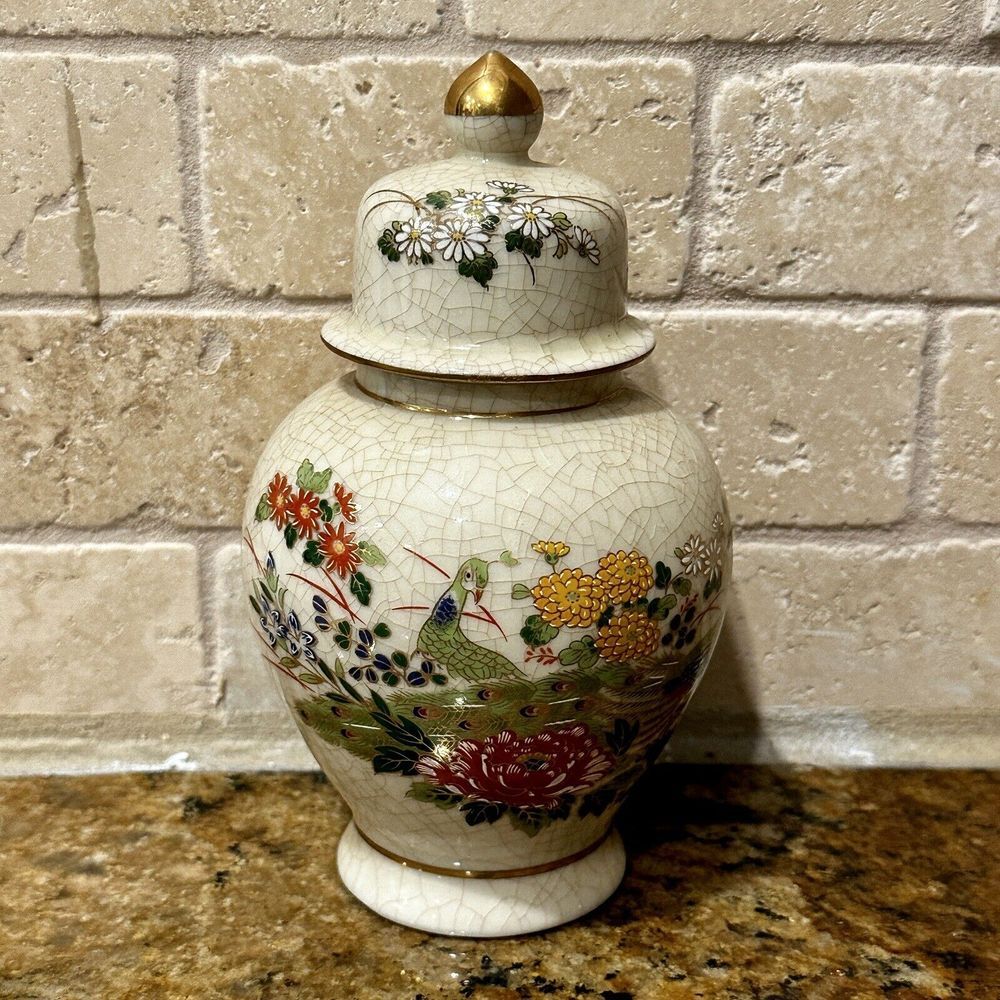 VTG Ginger Jar 6.5 Inch Peacock‎ Flowers OMC Japanese Porcelain Crackle Finish